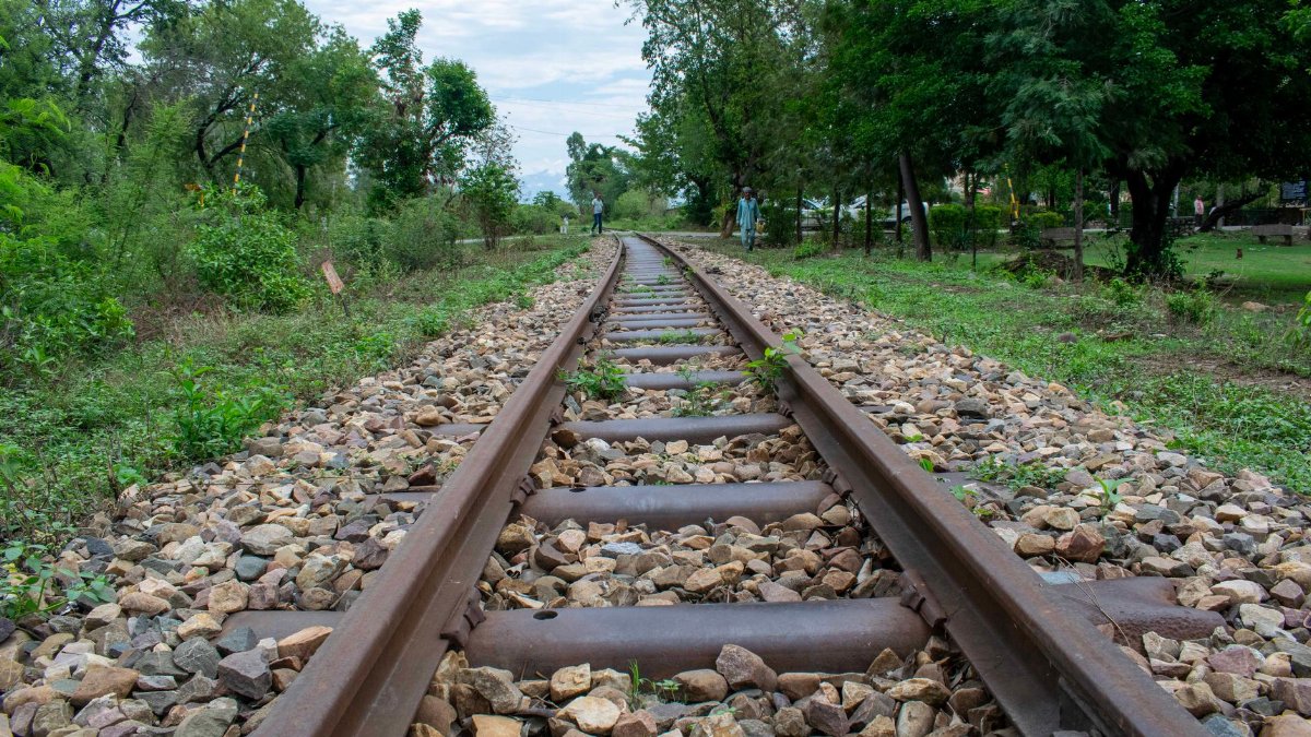 Long stretch of rustic railway tracks surrounded by lush greenery, invoking a sense of travel and exploration.