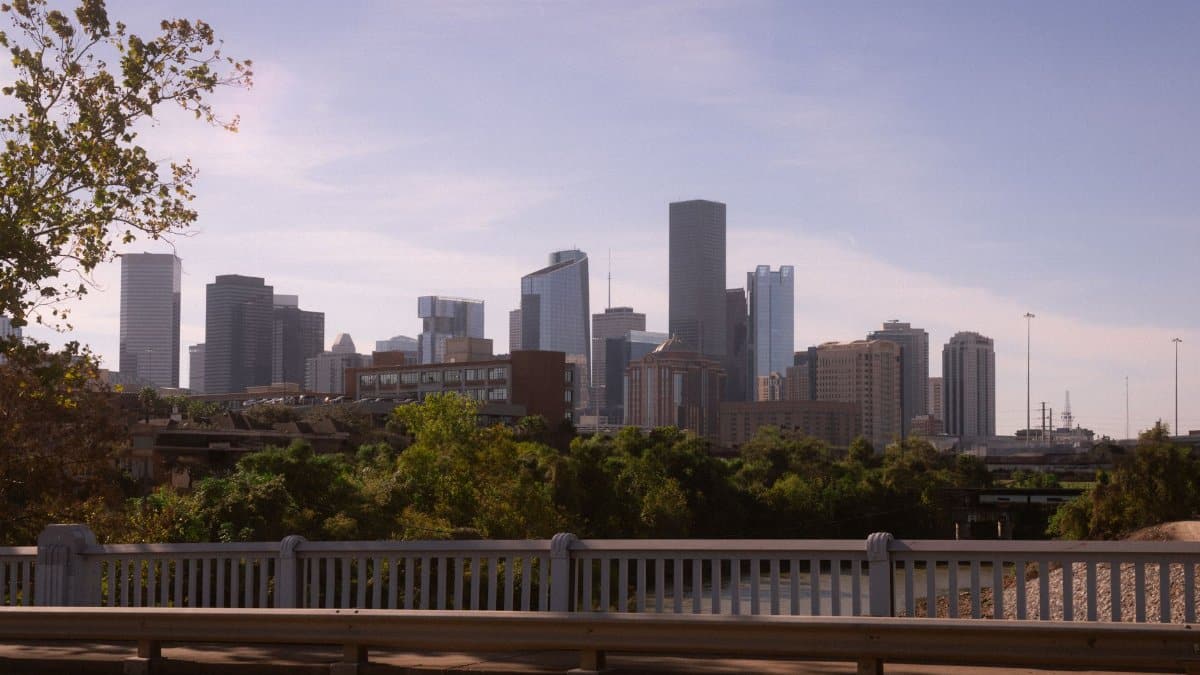 Explore the modern skyline of downtown Houston with lush greenery in the foreground.