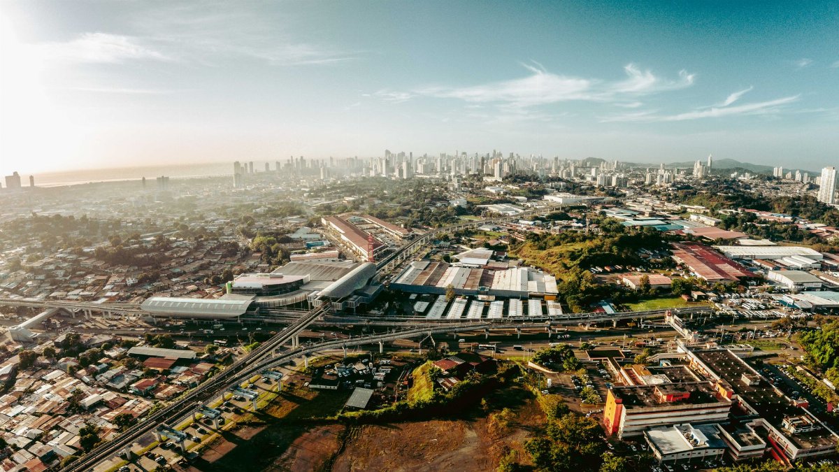 Stunning aerial view of San Miguelito cityscape in Panama with clear skies and sprawling urban layout.