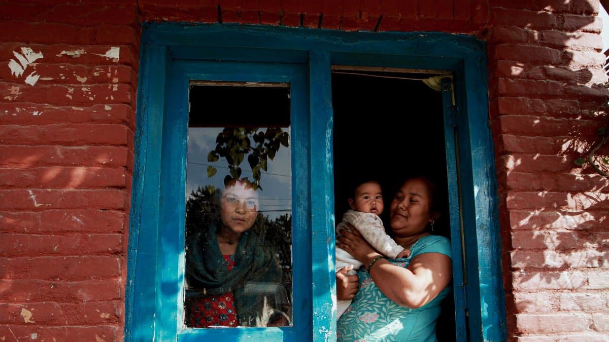 Family members including an adult and child looking through a blue framed window in a brick house.