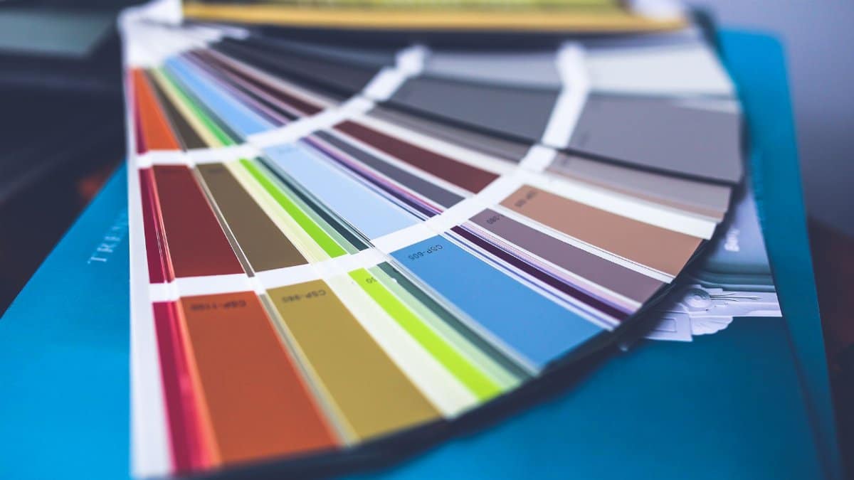 A collection of colorful paint swatches spread out showcasing a variety of hues.