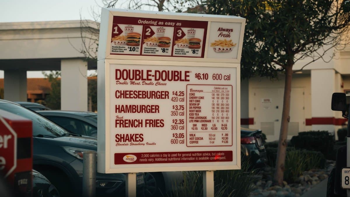 In-N-Out drive-thru menu featuring burgers, fries, and shakes under a California sky.