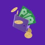 Bright 3D illustration of a purple wallet with cash and gold coins on a purple background.