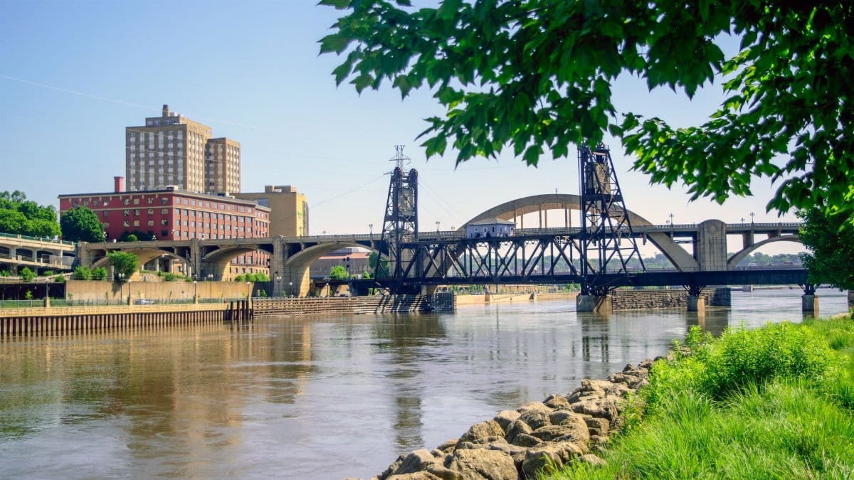 A scenic view of a train bridge over the Mississippi River in Saint Paul, Minnesota.