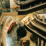 High angle view of escalators in a shopping mall in Istanbul, showcasing modern architecture.
