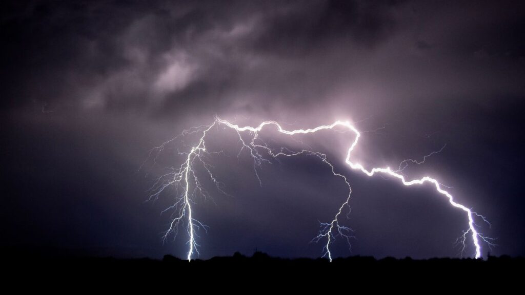 Vivid lightning bolts illuminate the dark night sky over an open field creating a striking natural display.