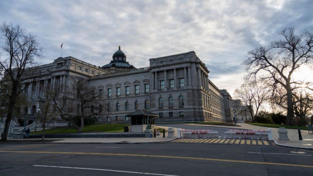 The Library of Congress in Washington D.C. under a dramatic evening sky.