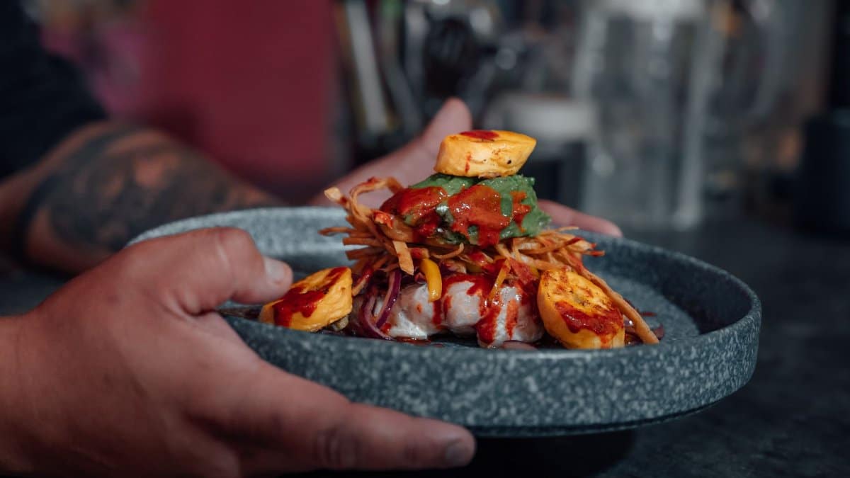 Close-up of a chef's hand holding a gourmet dish in a Ciudad de México restaurant.