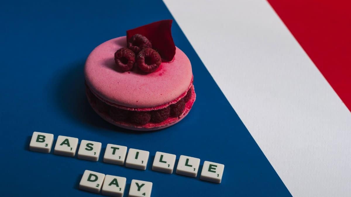 Pink macaron with raspberries on a French flag background, celebrating Bastille Day.