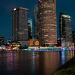 Explore Tampa's stunning evening skyline reflected on the calm river.
