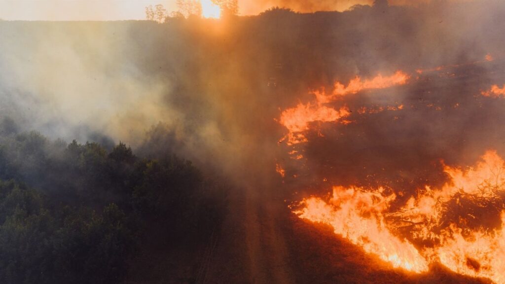 Aerial shot of a forest fire near White River, South Africa, showcasing dramatic flames and smoke at sunset.