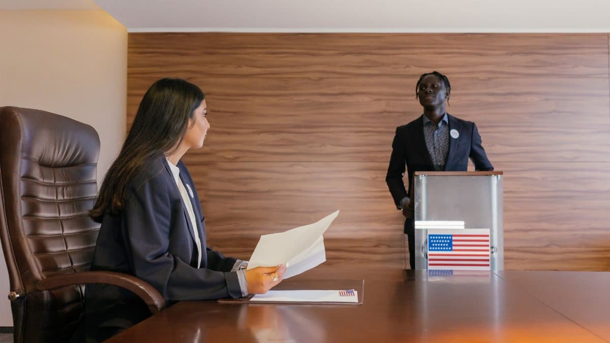 Professional business meeting in a conference room with diverse participants and political elements.