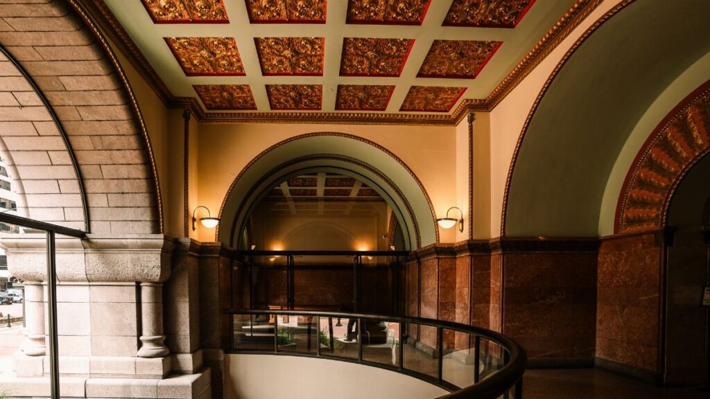 Luxurious interior of a public building with ornate ceiling in Minneapolis, Minnesota.