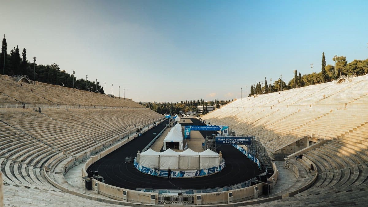 The historic Panathenaic Stadium in Athens, Greece, with marathon preparations underway.
