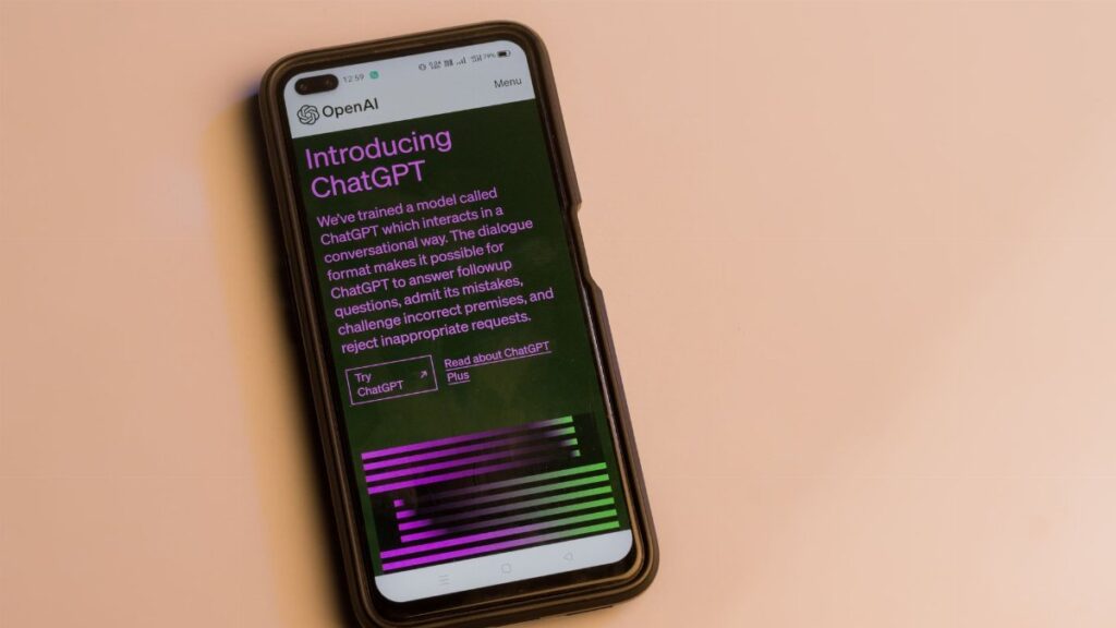 Smartphone screen showing ChatGPT introduction by OpenAI, showcasing AI technology.