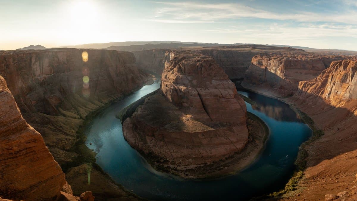 Stunning aerial view of Horseshoe Bend with the Colorado River in Arizona's scenic desert landscape.