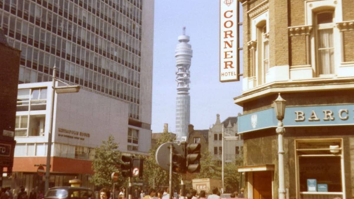 Classic London street scene featuring the iconic BT Tower and bustling urban life.