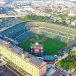 Aerial shot of Camden Yards, home of the Baltimore Orioles, showcasing its iconic architecture.