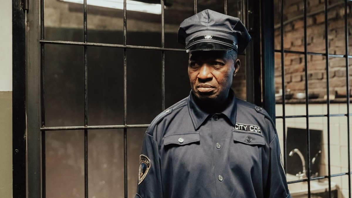 A serious policeman in uniform standing in a dimly lit jail corridor, conveying authority and security.