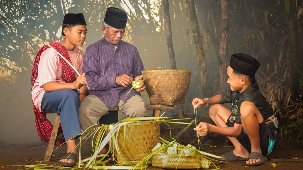 Three generations crafting traditional baskets in Banten, Indonesia.