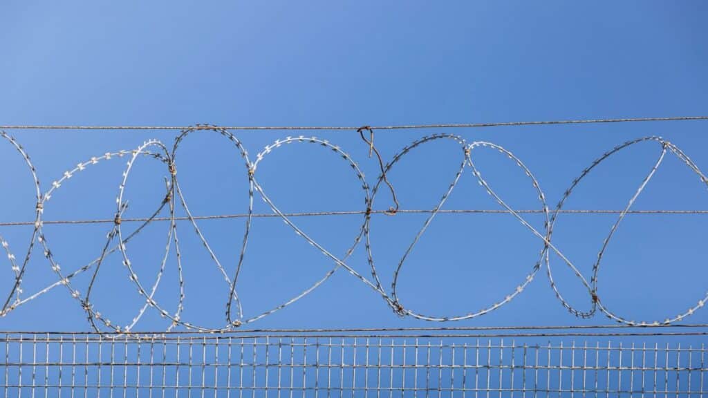 Detailed image of barbed wire fence under clear blue sky, symbolizing security and restriction.
