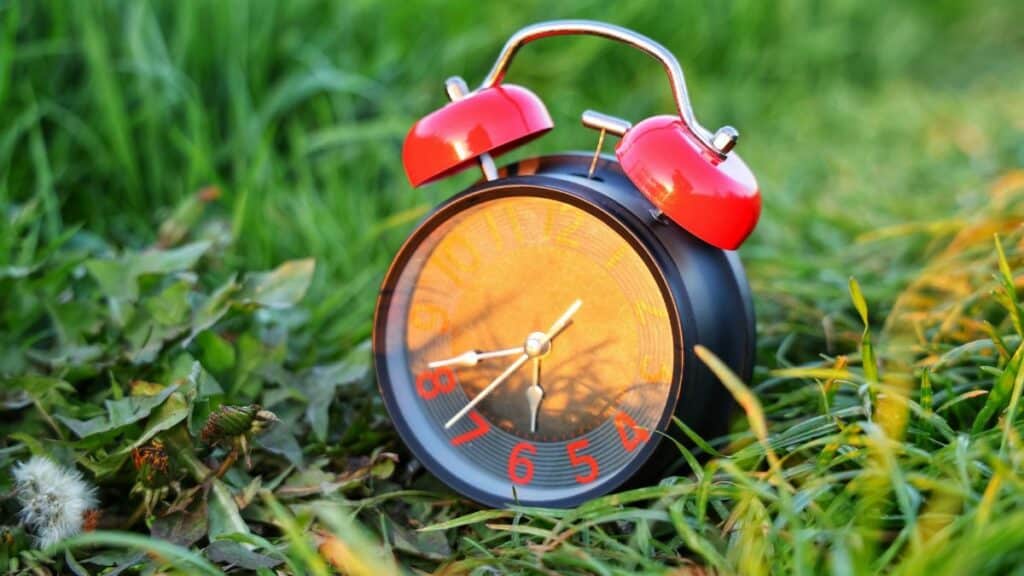 Classic red alarm clock resting on vibrant grass, symbolizing the passage of time.