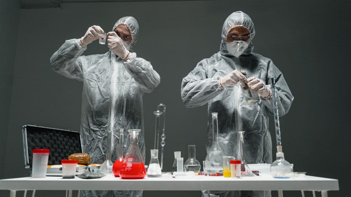 Two scientists in personal protective equipment performing experiments in a laboratory.