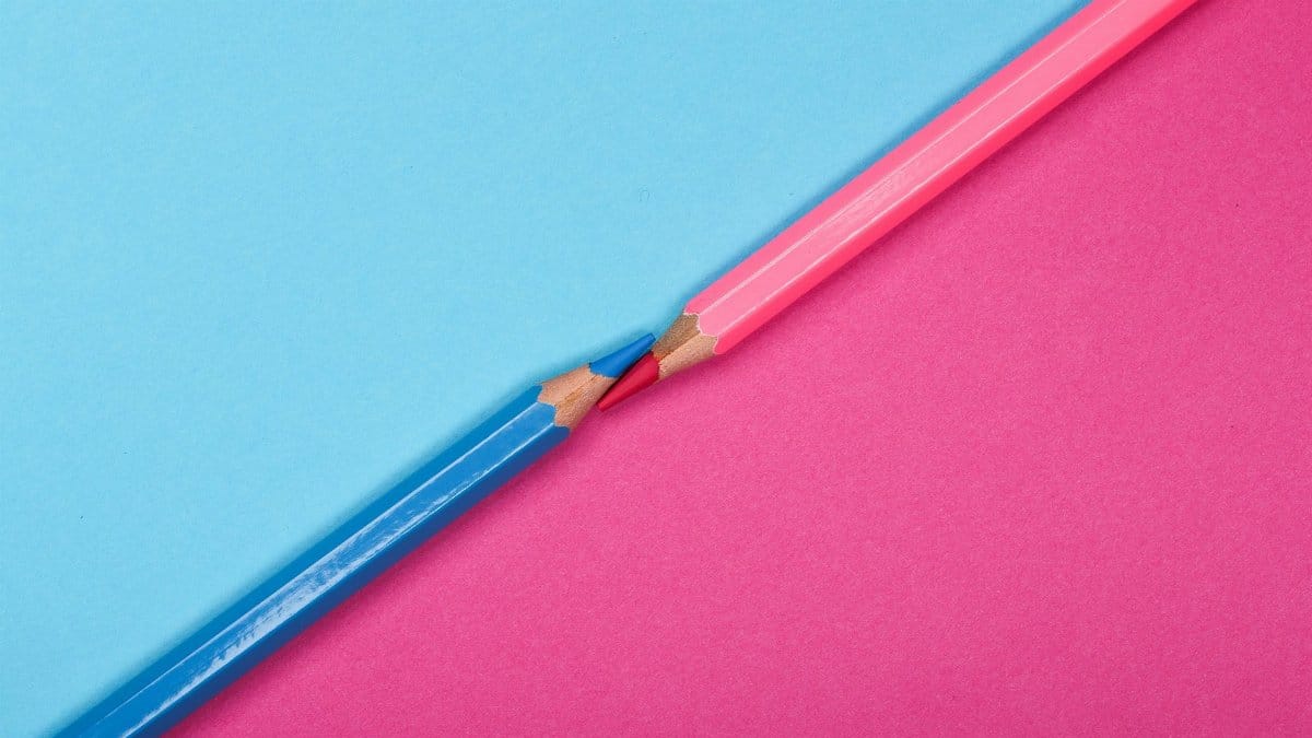 Two colored pencils meet on a contrasting pink and blue background, symbolizing harmony and creativity.