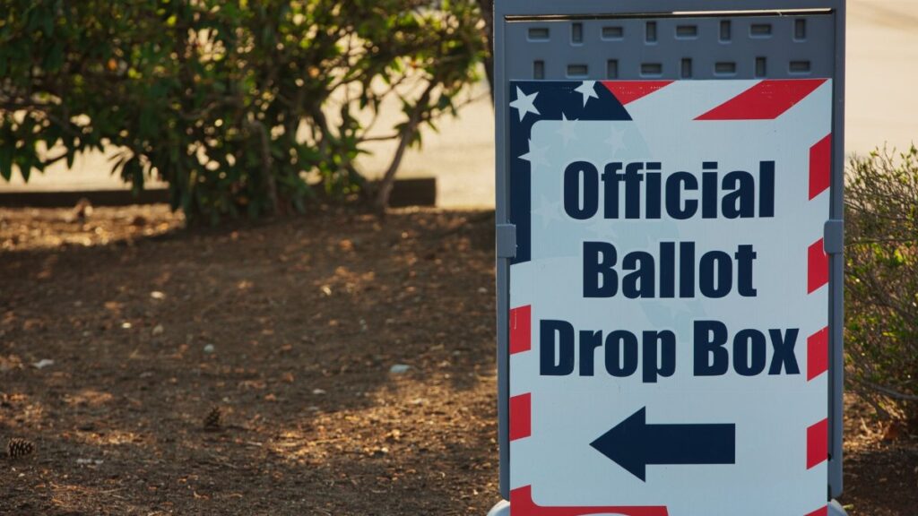 Photo of an official ballot drop box outside in Ferndale, WA, USA, during election season.