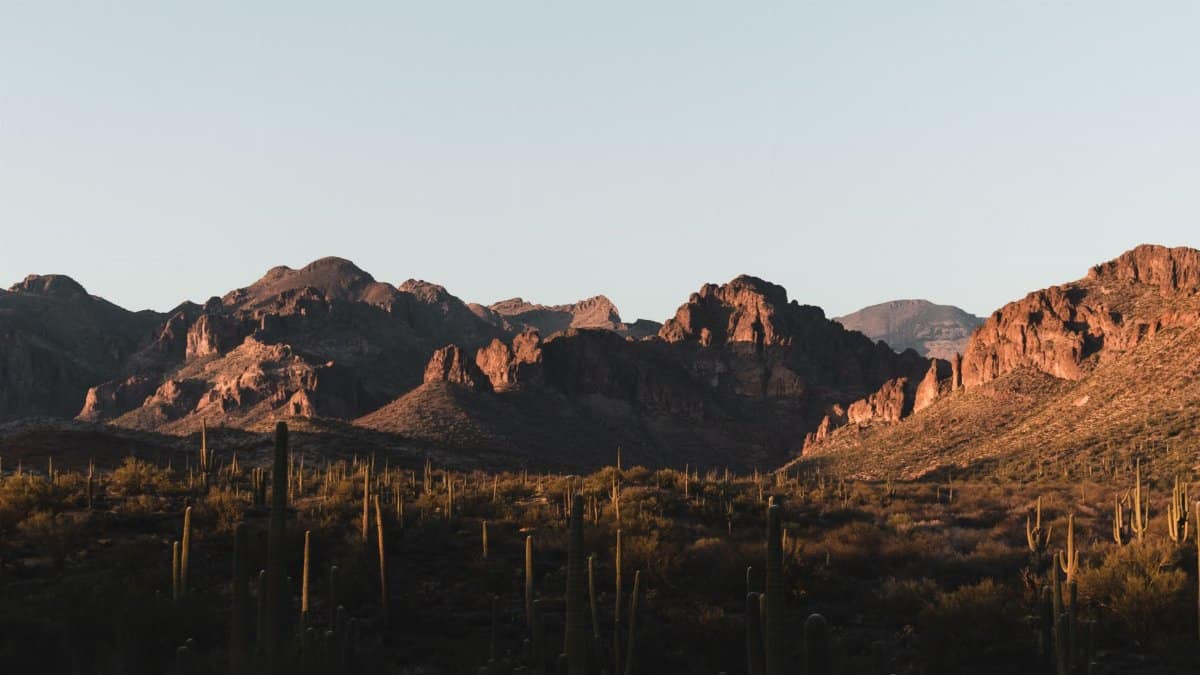 Stunning sunset over the cactus-filled Superstition Mountains, Arizona.