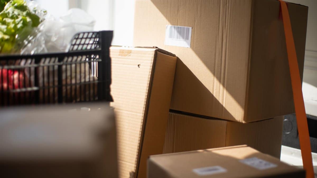 A collection of cardboard boxes inside a sunlit van, showcasing delivery logistics.