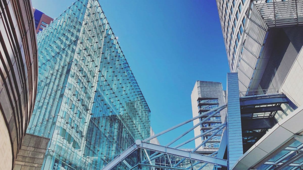 Low angle view of stunning modern architecture in Minato district, Tokyo.