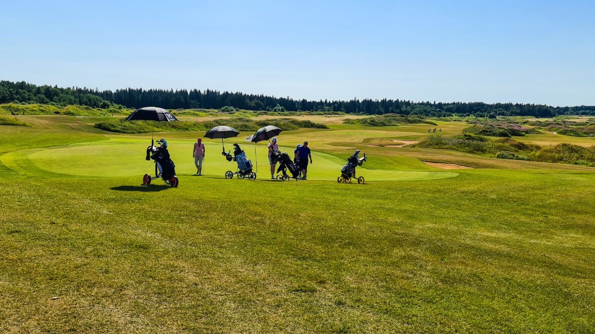 Scenic view of golfers on a lush green golf course under clear blue skies.