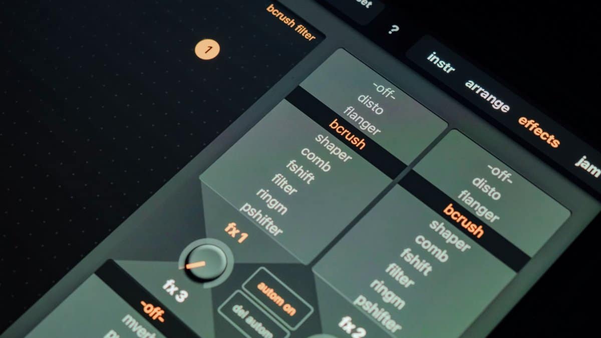 Close-up of digital music production interface showing various sound filter settings.