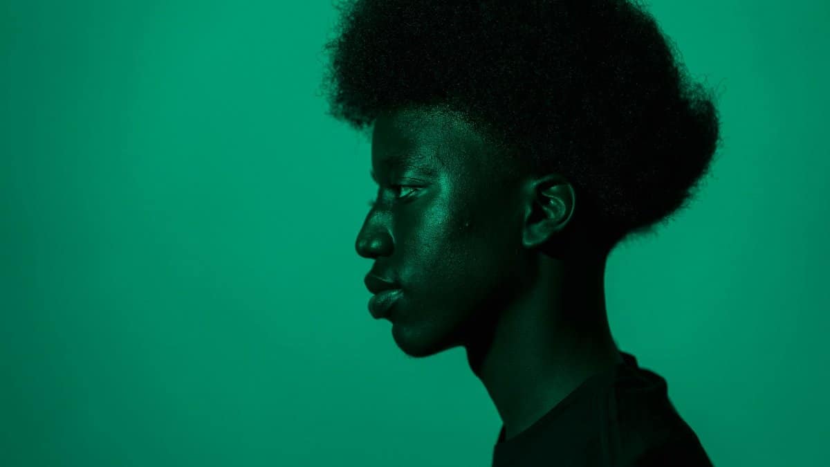 A monochrome studio headshot of an adult man with afro hair against a green background.