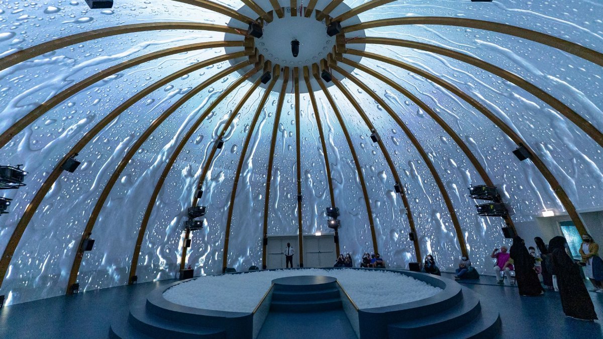 Stunning dome interior with projected water visuals at Dubai Expo Pavilion.