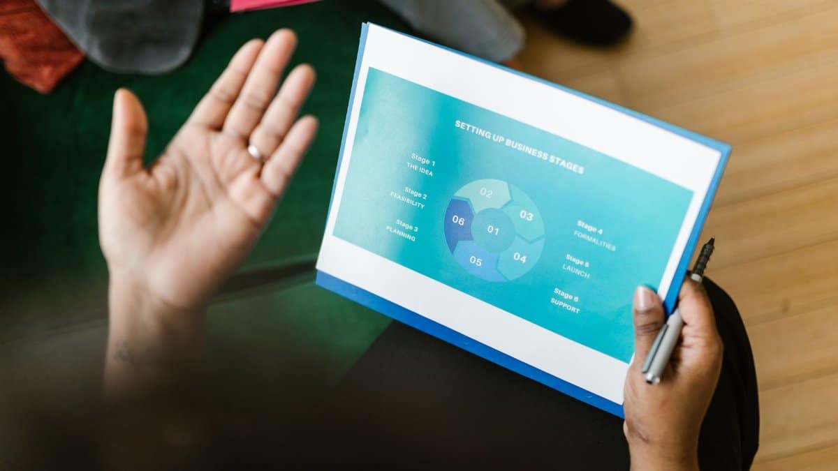 A close-up view of hands reviewing a business strategy report with graphs.