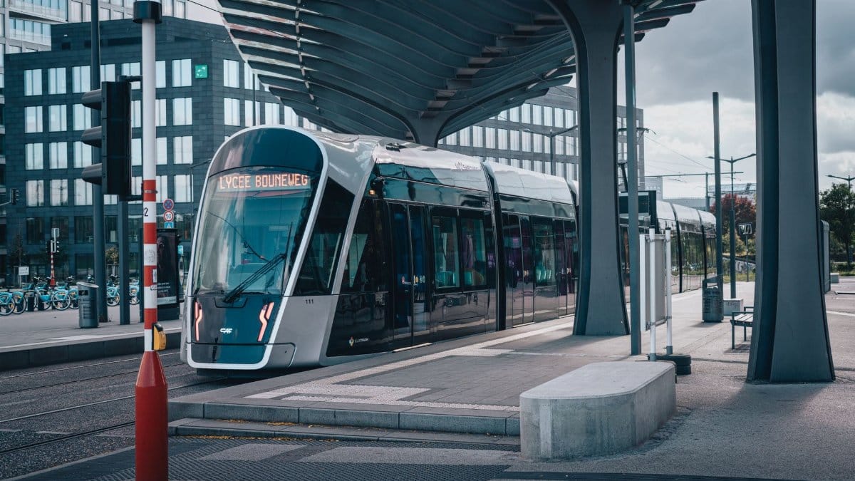 A sleek tram in Luxembourg City station showcasing urban public transportation.