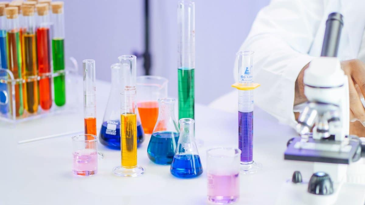 Vibrant laboratory setup with beakers, flasks, and microscope for scientific research.