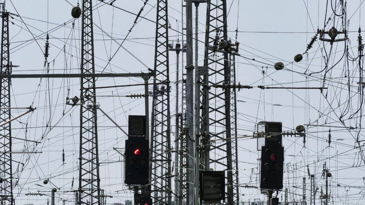 Dense network of train tracks and signals in Frankfurt, Germany.