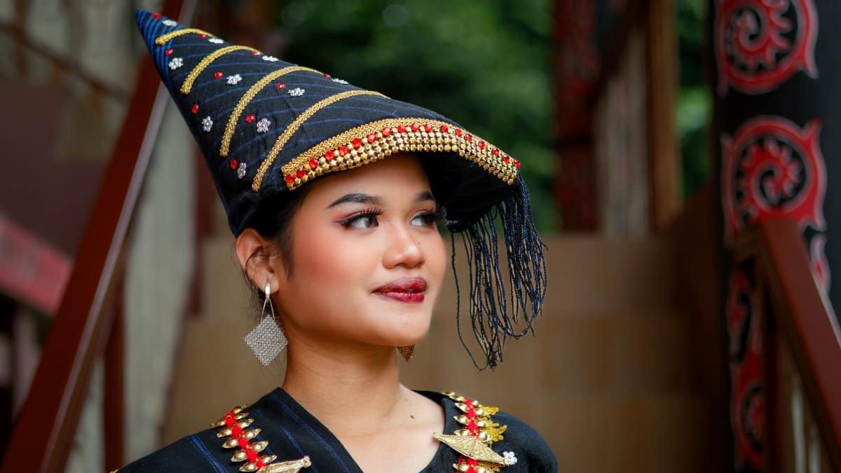 Woman in traditional outfit and hat standing indoors, vibrant cultural expression.