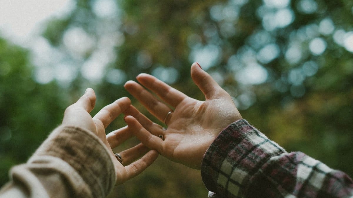 Capture the essence of connection with outstretched hands reaching for each other amongst blurred greenery.