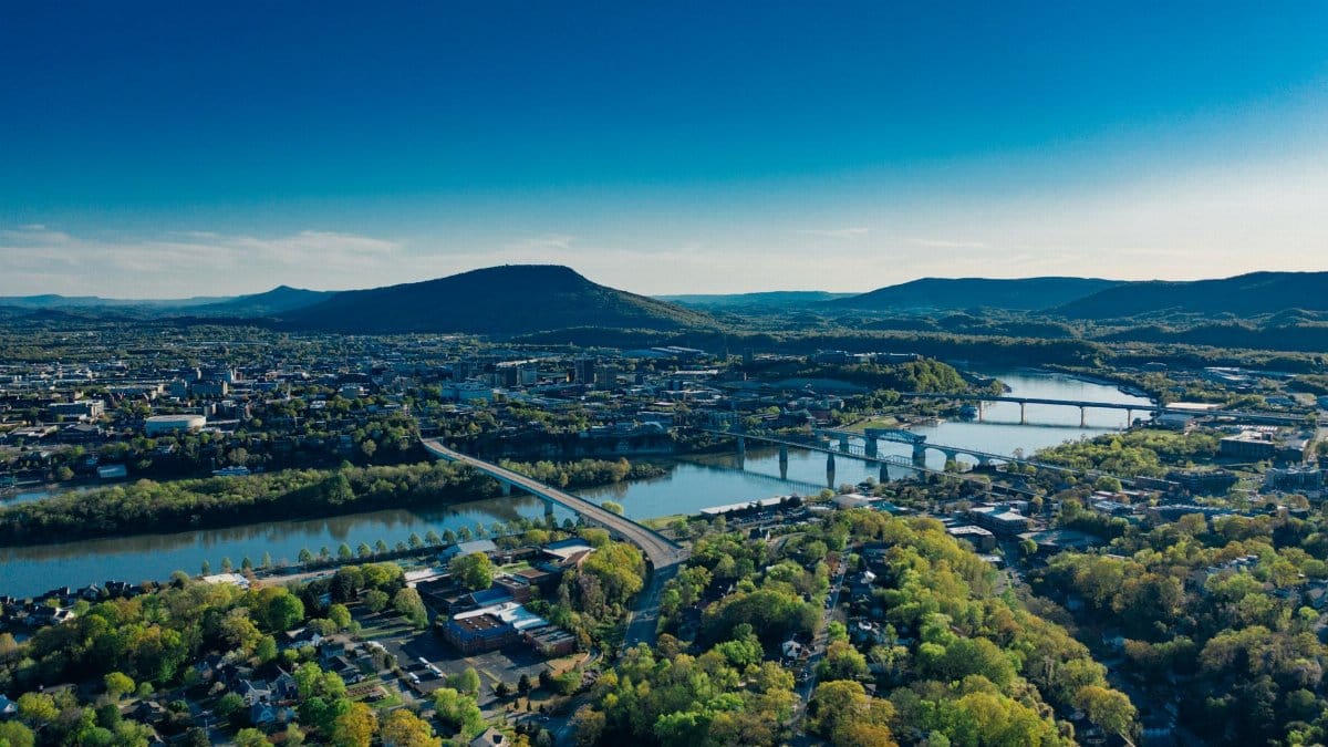 Breathtaking aerial view of Chattanooga, TN, showcasing the river and scenic landscapes.
