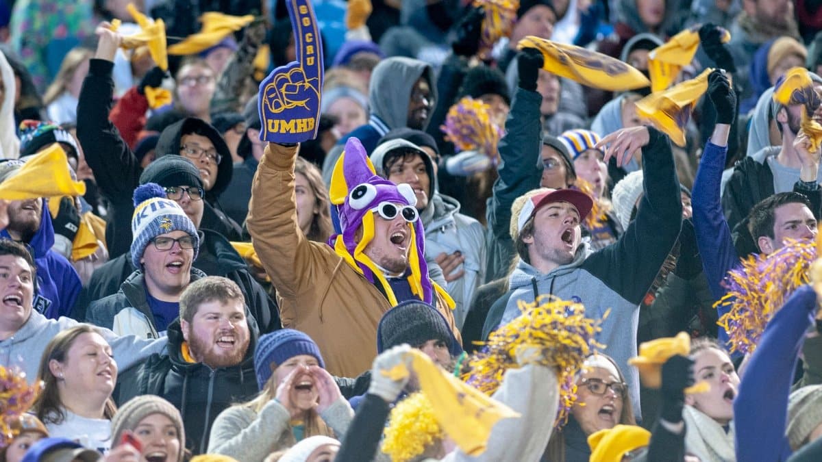 A lively crowd of sports fans enthusiastically cheering with foam fingers and team colors.