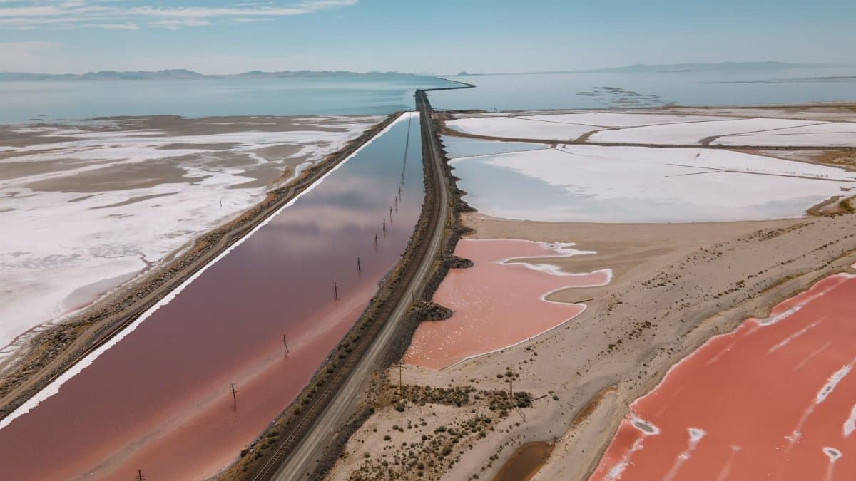 Stunning aerial view of the colorful shores of Great Salt Lake's Promontory Point in Utah.