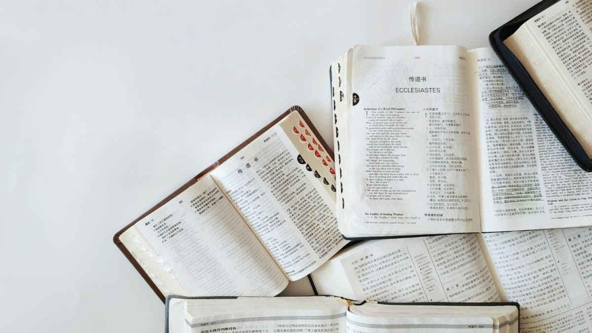 Multiple Bibles open on a white background showing text from Ecclesiastes in different languages.