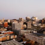 Captivating aerial view of Richmond's downtown skyline during golden hour.