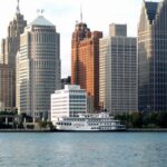 Panoramic view of Detroit's skyline with the iconic riverfront during the day.