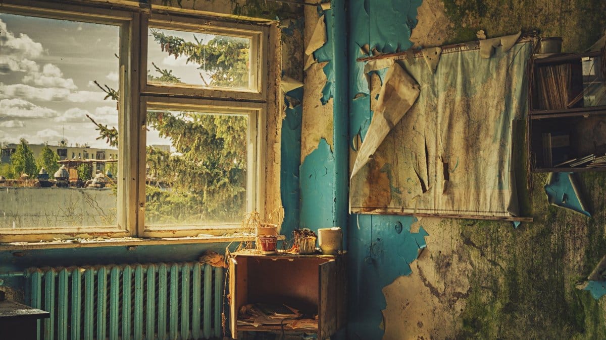 A decayed indoor space with peeling paint, overlooking an outdoor scene with trees.