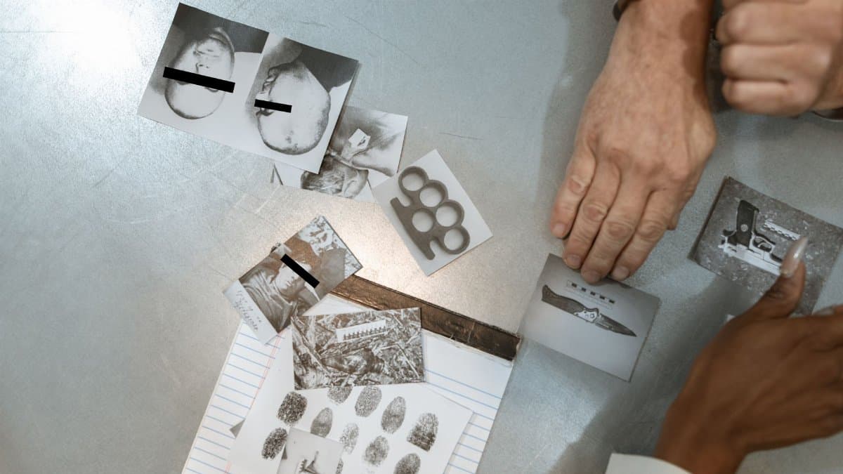 Hands of a handcuffed man examining criminal evidence with an officer.